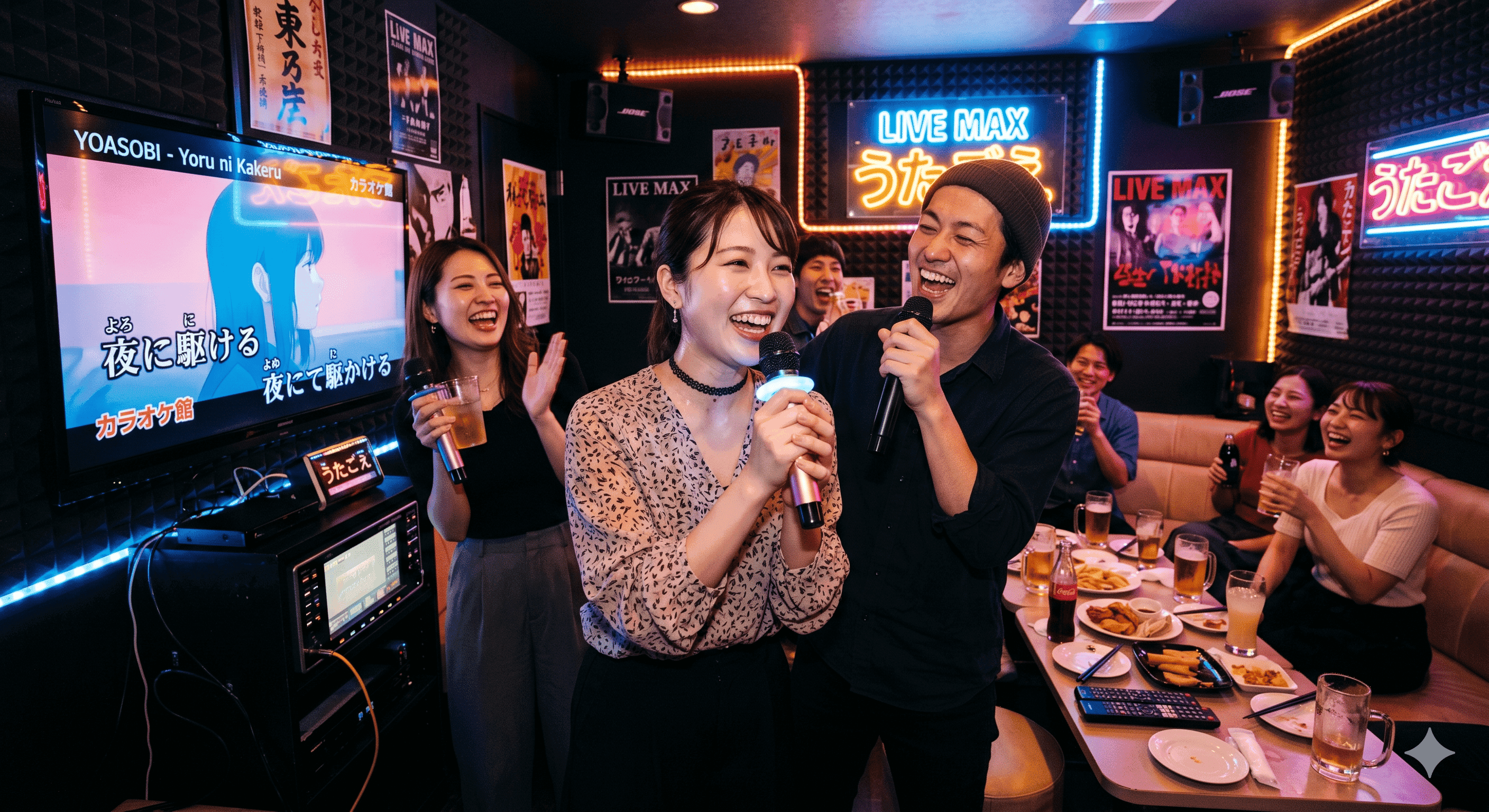 A full room of friends singing together at Karaoke Manekineko